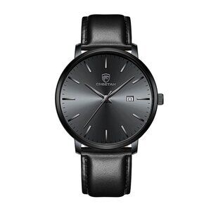 Minimalist Waterproof Quartz Watch with Leather Strap, Auto Date